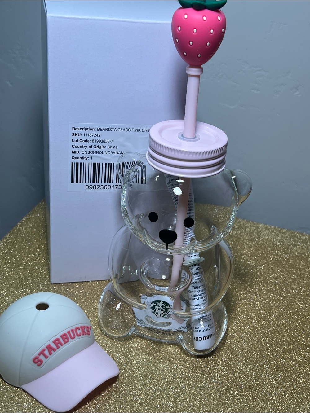 Starbucks 2026 Pink Bearista Bear Glass Cold Cup w/Strawberry & Hat Straw Topper